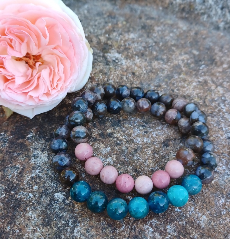 Párové náramky liberit, apatit, ružový kremeň
