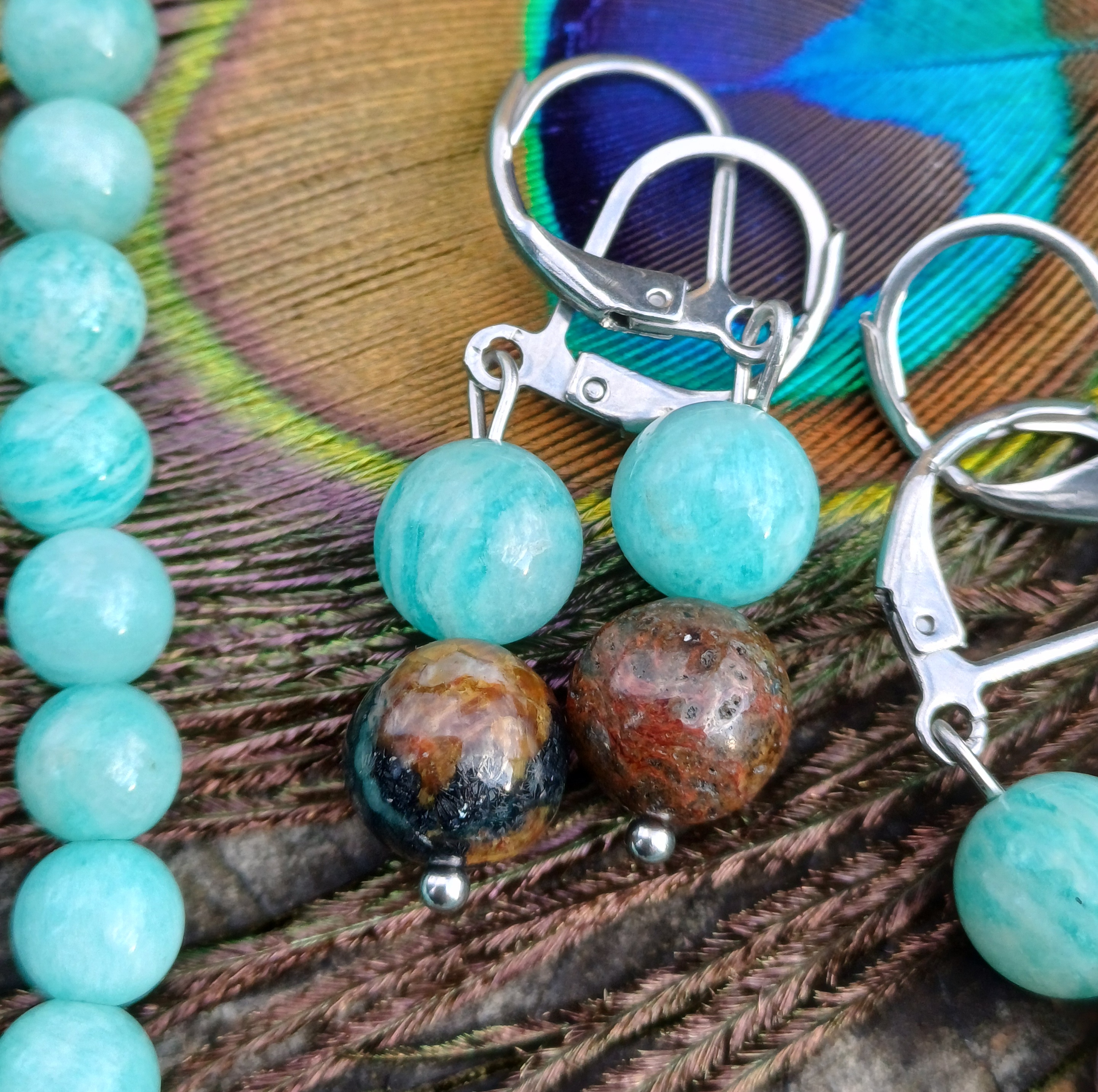 Amazonit, pietersit náušnice