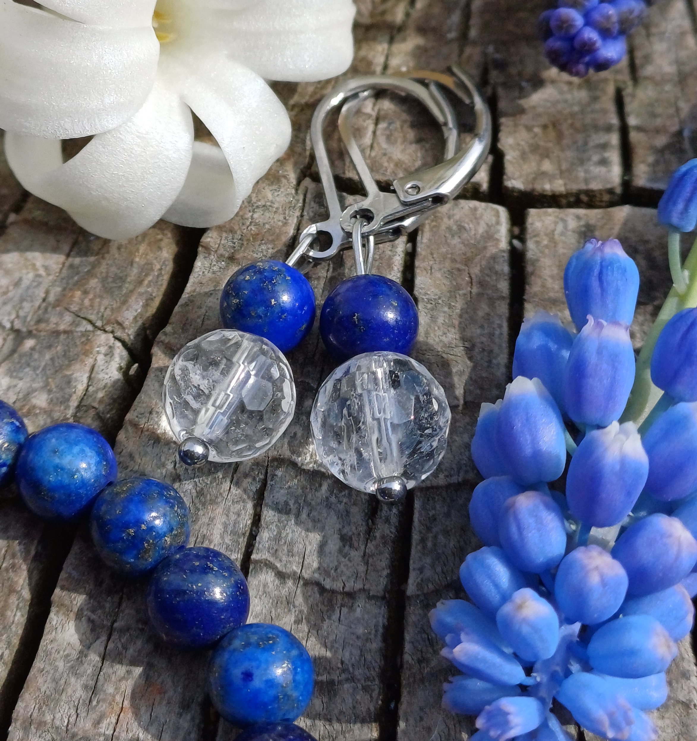 Lapis lazuli, krištáľ náušnice 