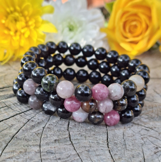 Obsidián, melónový turmalín náramok 