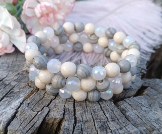  Achát aura, fosilný koral, sivý mramor náramok