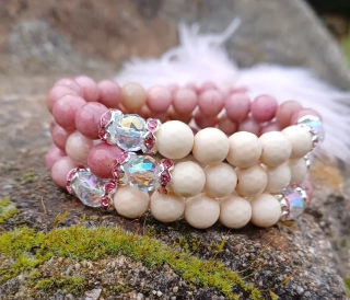 Ružový kremeň, koral, aqua aura náramok 17 cm