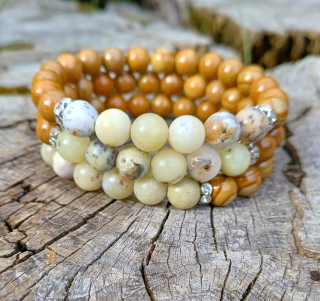 Opál žltý merlinit, kalcit hnedý mramor náramok