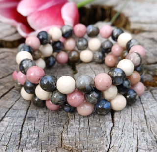 Liberit, koral, ružový kremeň náramok