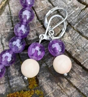 Ametyst, koral náušnice