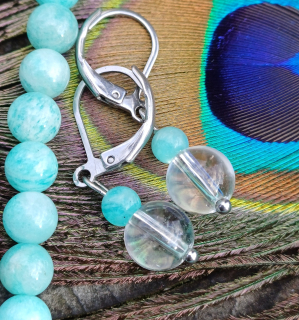 Amazonit, krištáľ náušnice