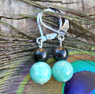 Strieborný obsidián, amazonit náušnice