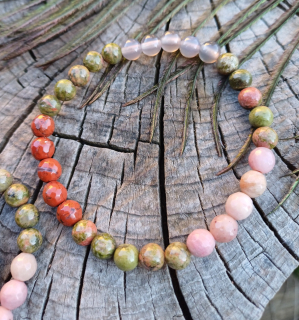 Unakit, jaspis červený, ružový kremeň náramok