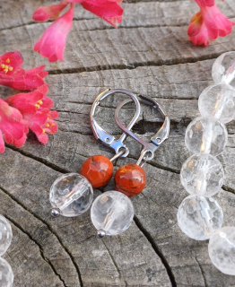 Krištáľ, červený jaspis náušnice